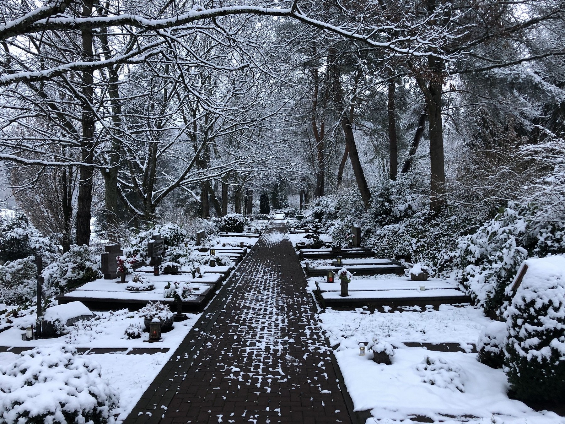 Das Foto zeigt schneebedeckte Gräber auf dem Friedhof 