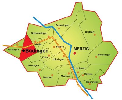 Die Karte zeigt die Lage des Stadtteils Büdingen im Merziger Stadtgebiet. Büdingen liegt im Westen Merzigs und somit auf der linken Saarseite. Im Norden Büdingens verläuft die Stadtgrenze, im Nordosten und Osten grenzt Büdingen an die Stadtteile Schwemlingen und Weiler. Im Süden grenzt Büdingen an Ballern und Silwingen. Im Südwesten Büdingens verläuft ebenfalls die Stadtgrenze und im Westen Büdingens liegt der Stadtteil Wellingen.