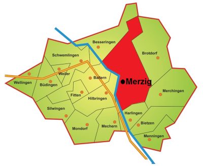Die Karte zeigt die Lage des Stadtteils Merzig Kernstadt im gesamten Merziger Stadtgebiet. Merzig liegt im Zentrum auf der rechten Saarseite der Stadt. Im Norden grenzt die Kernstadt an den Stadtteil Besseringen, im Osten an Brotdorf, im Südosten an Merchingen, im Süden an Harlingen, im Südwesten an Mechern, im Westen ist Merzig durch die Saar von Hilbringen getrennt und im Nordwesten ins Merzig durch die Saar von Ballern getrennt.