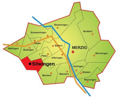 Die Karte zeigt die Lage Silwingens im Merziger Stadtgebiet. Silwingen liegt im Westen Merzigs auf der linken Saarseite. Im Norden grenzt es an Büdingen und Ballern, im Nordosten an Fitten, im Osten an Hilbringen und im Süden an Mondorf. Im Westen Silwingens verläuft die Stadtgrenze.