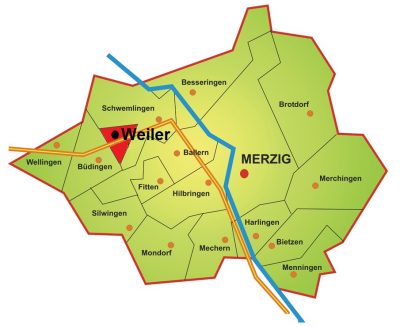 Die Karte zeigt die Lage des Stadtteils Weiler im Stadtgebiet Merzigs. weiler liegt im Nordosten Merzigs auf der linken Saarseite. Im Norden, Osten und Süden grenzt Weiler an Schwemlingen, im Westen an Büdingen.