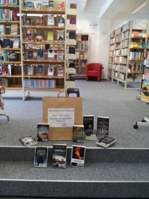 Das Foto zeigt eine Medientüte der Stadtbibliothek mit verschiedenen Büchern.