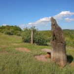 Das Bild zeigt eine Holzskulptur eines Wolfes auf dem Wolfweg.