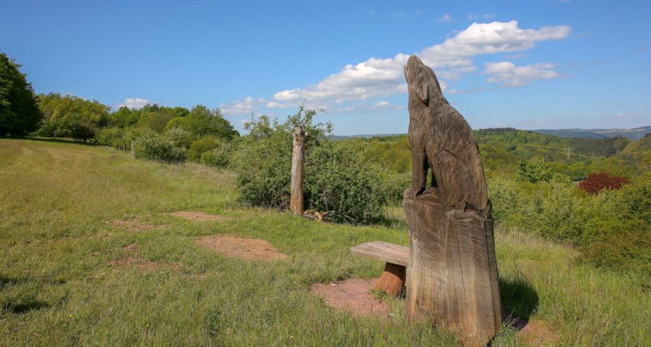 Das Bild zeigt eine Holzskulptur eines Wolfes auf dem Wolfweg.