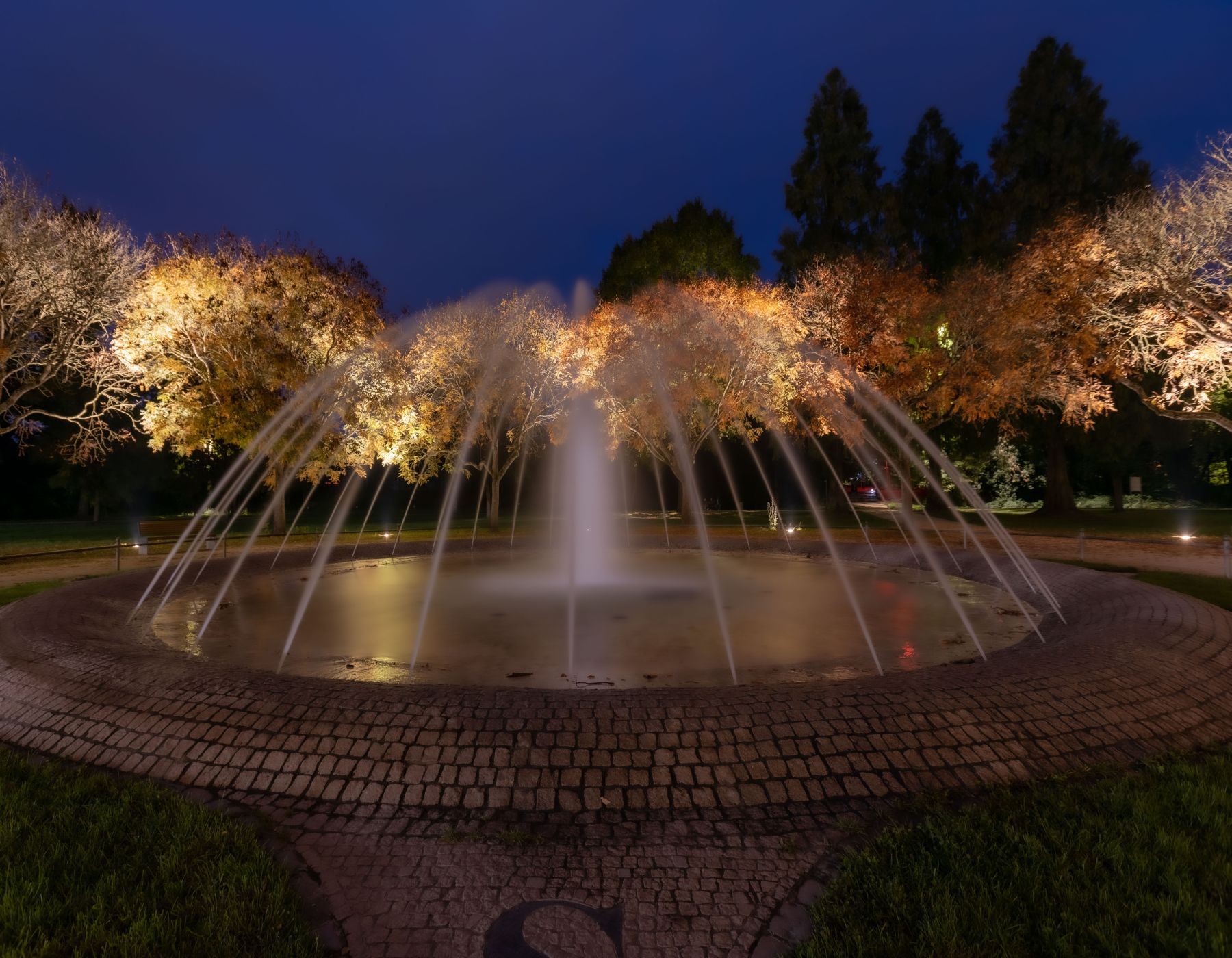 Das Foto zeigt den beleuchteten Brunnen im Stadtpark.