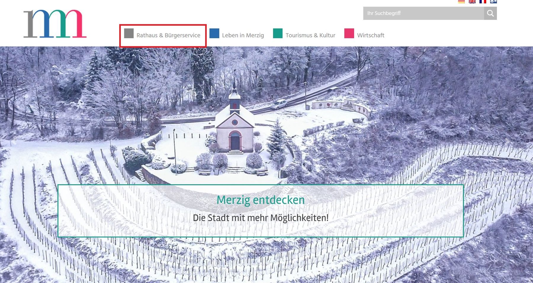 Das Bild zeigt die Startseite der städtischen Internetseite zur Erläuterung der Navigation in Leichter Sprache.