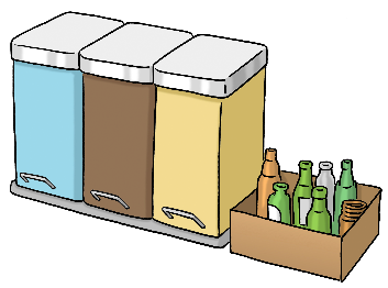 Das Clipart zeigt drei Abfalltonnen. Eine Tonne ist blau, eine Tonne ist braun, eine Tonne ist gelb. Neben der gelben Tonne steht ein brauner Karton mit Alt-Glas.