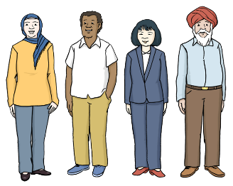 Das Clipart zeigt vier Menschen: eine Dame trägt ein Kopftuch, ein Herr ist POC, eine Dame kommt aus Asien und ein Herr aträgt einen Turban.