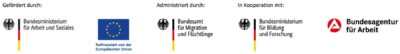 Das Foto zeigt eine Leiste der Förderer. Ganz links ist zu lesen "Gefördert durch", darunter sind der Bundesadler zu sehen und die Worte "Bundesministerium für Arbeit und Soziales", daneben ist die Flagge der Europäischen Union zu sehen, darunter steht "Kofinanziert von der Europäischen Union". In der Mitte steht "Administriert durch", darunter sind der Bundesadler und die Worte "Bundesamt für Migration und Flüchtlinge" zu sehen. Daneben steht "In Kooperation mit", darunter ist erneut der Bundesadler zu sehen und die Worte "Bundesministerium für Bildung und Forschung" zu sehen. Ganz rechts ist das Logo der "Bundesagentur für Arbeit" zu sehen.