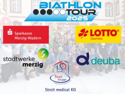 Das Foto zeigt die Logos der Sponsoren der Biathlon-Tour 2025: Sparkasse Merzig-Wadern, Lotto Saartoto, Stadtwerke Merzig, deuba und Streit medical KG.