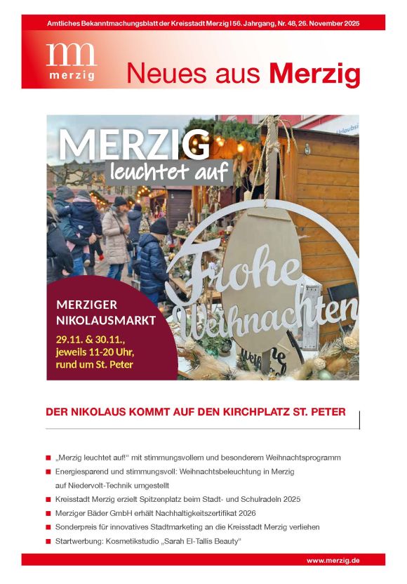 Titelbild der aktuellen Ausgabe von Neues aus Merzig mit einer Vorankündigung auf den Nikolausmarkt rund um die Kirche St. Peter