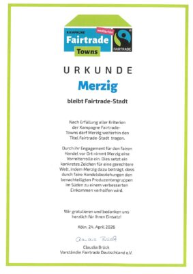 Urkunde, die bescheinigt, dass sich Merzig weiterhin Fairtrade-Stadt nennen darf