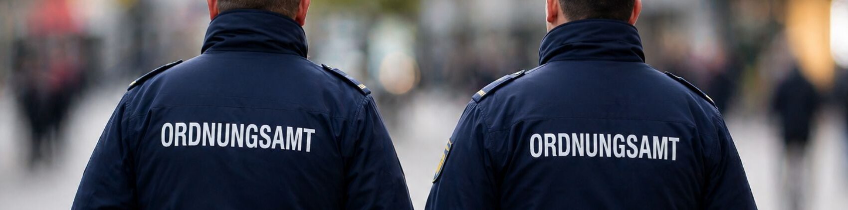 Zwei Männer mit dem Rücken zur Kamera, auf der Jacke steht Ordnungsamt
