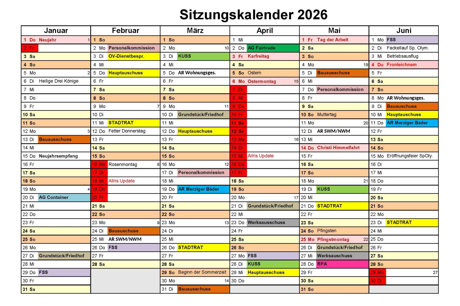 Terminplan des Stadtrates (1. Halbjahr 2026)