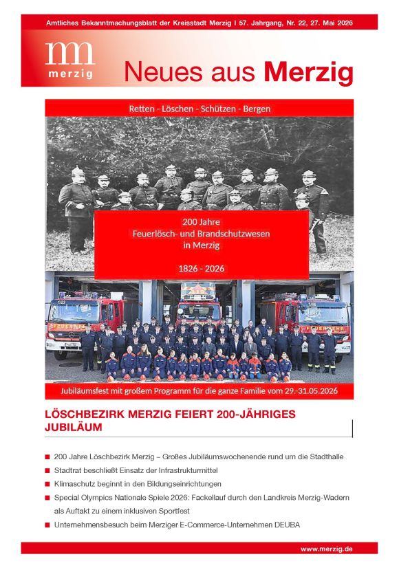 Titelbild der aktuellen Ausgabe von Neues aus Merzig mit der Vorankündigung auf das Jubiläum des Löschbezirks Merzig